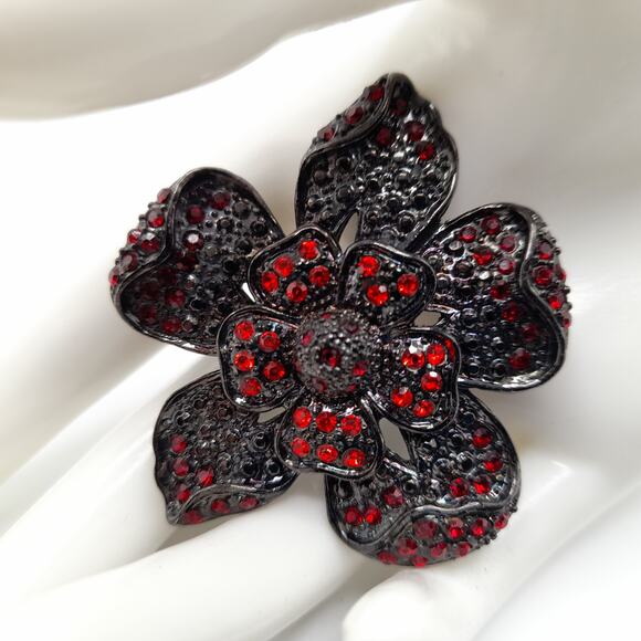 Vintage Red Rhinestone Black Metal Flower Brooch, 2" - Picture 2 of 10